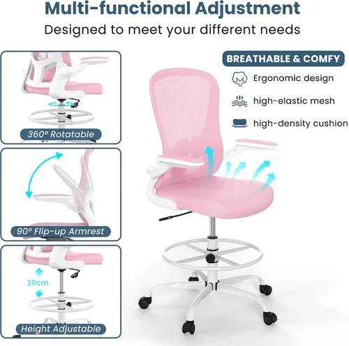 Miniatura 5 de Silla de dibujo, silla de oficina alta con reposabrazos abatibles, silla de escritorio de pie ergonómica ejecutiva para computadora, silla de dibujo