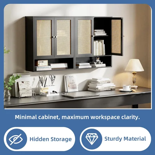 Miniatura 4 de HITNET Gabinete de baño montado en la pared, gabinete colgante de ratán, gabinete de pared de baño que ahorra espacio con 2 puertas y estantes Negro