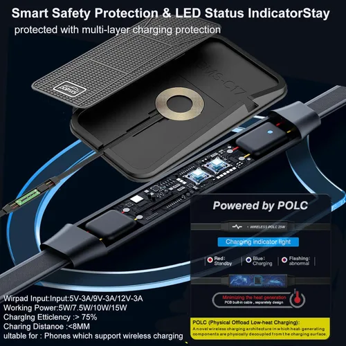 Miniatura 4 de Cargador de coche inalámbrico Almohadilla de carga, POLMXS Cargador de teléfono inalámbrico antideslizante para coche Carga inalámbrica para celular