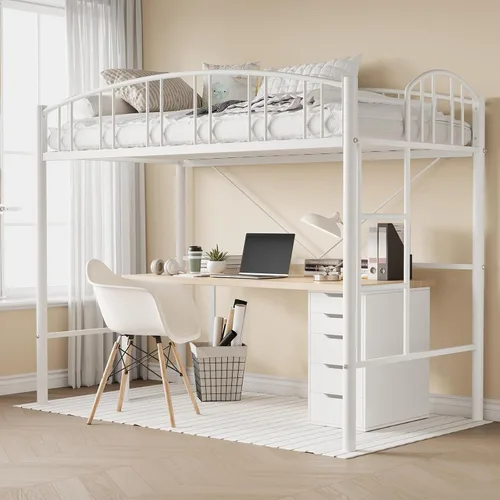 Miniatura 10 de IDEALHOUSE Cama alta tamaño individual con escalera y barandilla de arco alto, listones de metal resistentes, diseño que ahorra espacio