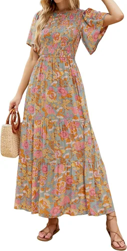 ZESICA Women's 2023 Summer Casual Floral Print Short Flutter Sleeve Crew Neck Smocked High Waist Flowy Maxi Dress