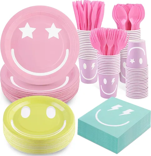 Durony 350 Piezas de Decoración de Fiesta Preppy con Cara Sonriente, Suministros de Fiesta Pastel Incluyen Platos de Papel Sonrientes, Servilletas,