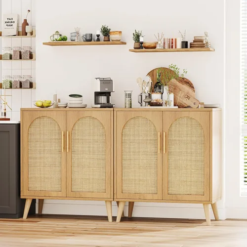 Miniatura 3 de Rovaurx Juego de 2 gabinetes de almacenamiento de ratán con puertas, gabinete de piso de baño de acento, aparador moderno para sala de estar, Natural