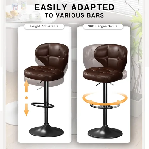 Miniatura 6 de Juego de 2 taburetes de bar, taburetes de bar giratorios ajustables, moderna silla de bar tapizada de piel sintética con respaldo y reposapiés