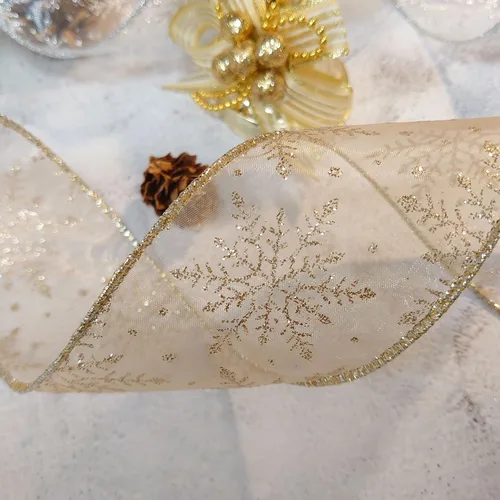Miniatura 2 de Cinta con alambre de organza con copos de nieve dorados de champán para decoración navideña del hogar, lazo para la parte superior del árbol