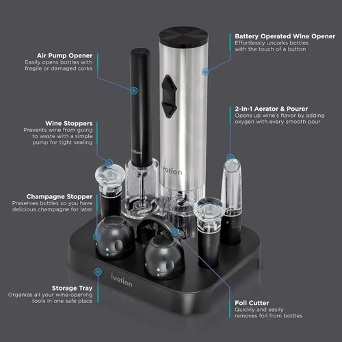 Miniatura 2 de Ivation Juego de vino de 9 piezas Abridor eléctrico, bomba de aire, vertedor con aireador, tapones de vino y champán, cortador de lámina y soporte.