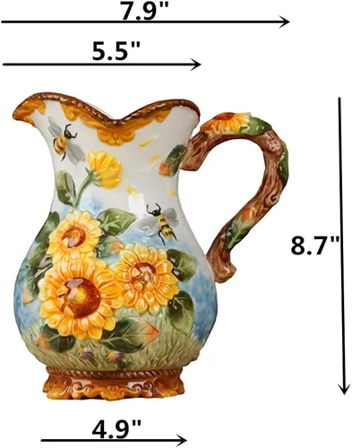 Miniatura 6 de Jarra de agua grande de cerámica, pintada a mano, girasol y abeja, decoración del hogar de 8.7 pulgadas de alto, ramo de agujero (amarillo)