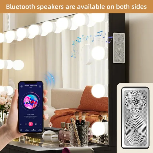 Miniatura 3 de VOWNER Tocador con espejo iluminado, escritorio de maquillaje con parte superior de cristal con altavoz Bluetooth, 14 luces y 11 cajones, 3 modos