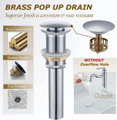 Miniatura 6 de Grifo para Lavabo de Recipiente Cromado Grifo Alto de Baño de Un Solo Agujero Montaje en Cubierta Ensamblaje de Desagüe Pop-up Sin Desbordamiento