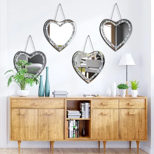 Miniatura 5 de DMDFIRST Juego de 2 espejos de vidrio plateado en forma de corazón 12x12 pulgadas con decoración de diamantes estrellados en cadena para decoración