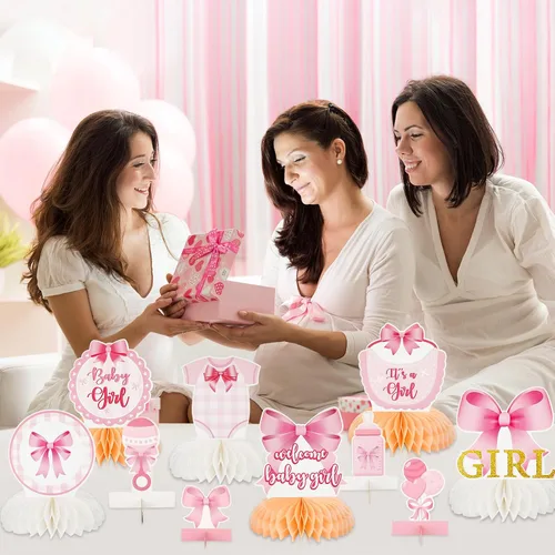 Miniatura 7 de 12 centros de mesa de nido de abeja con lazo rosa para baby shower, decoración de mesa en 3D para decoración de mesa en baby showers, revelaciones