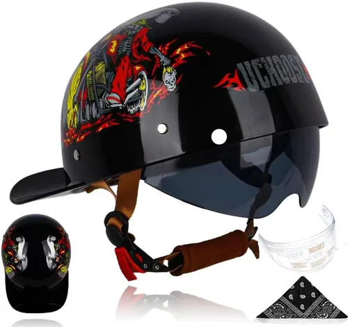 Miniatura 19 de Gorra de béisbol para motocicleta, 3 unidades, aprobado por DOT, estilo vintage, cara abierta, unisex, para adultos, medios cascos de doble lente
