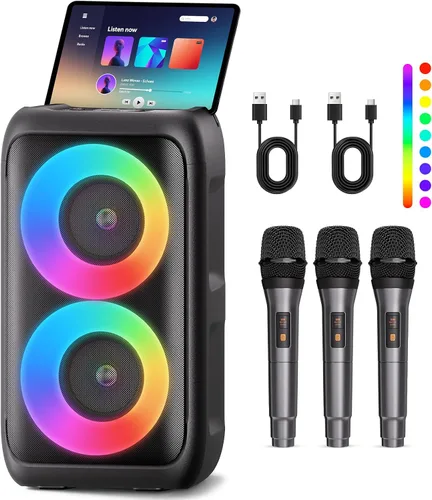Miniatura 9 de Altavoz Bluetooth con 2 micrófonos inalámbricos recargables, altavoz portátil para fiesta con luces de colores, altavoces de pie compatibles