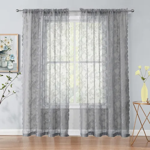 Cortinas de encaje traslúcidas para dormitorio, sala de estar, 55 x 95 pulgadas de largo, paneles de cortina con bordado floral rosa vintage gris,