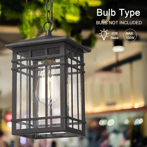 Miniatura 4 de Iluminación colgante para exteriores, farol colgante exterior, porche de granja, luces colgantes con vidrio sembrado en acabado negro, lámpara