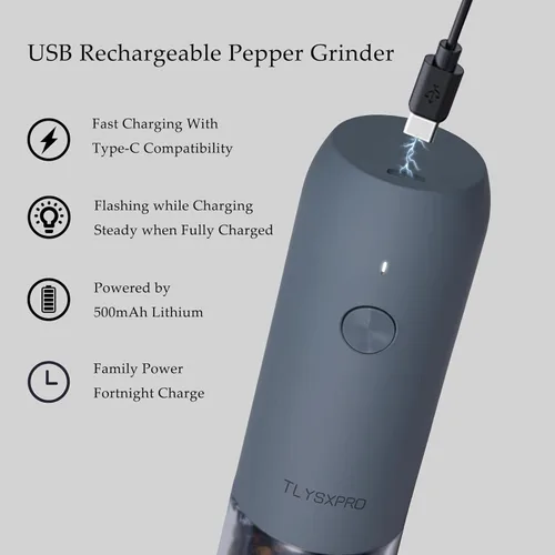 Miniatura 5 de TLYSXPRO - Juego de molinillo eléctrico de sal y pimienta, recargable con USB, operación automática con una mano, grosor ajustable, molinillo