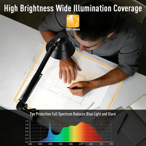 Miniatura 3 de Lámpara de escritorio LED para oficina en casa, lámpara de escritorio con brazo oscilante con abrazadera, lámpara de mesa de cuello de cisne Negro