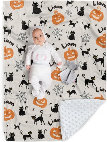 Miniatura 18 de Manta de Halloween personalizada, diseños de dibujos animados con nombre personalizable, manta de franela de felpa suave con respaldo punteado