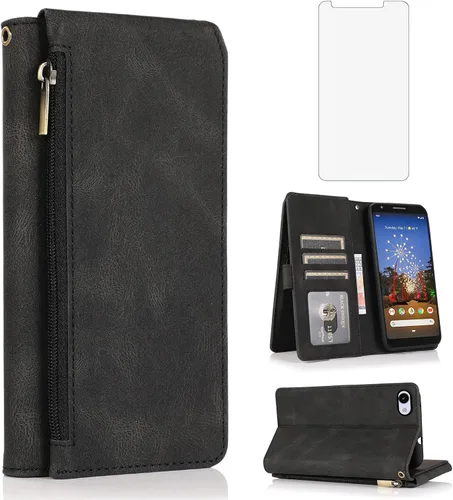 Asuwish Funda tipo cartera compatible con Google Pixel 3a, protector de pantalla de vidrio templado y correa para la muñeca con cremallera de cuero,