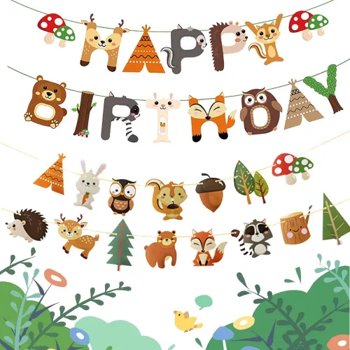 Decoraciones de fiesta de bosque, pancarta de feliz cumpleaños con guirnalda de banderines de animales del bosque para niños y niñas, suministros de