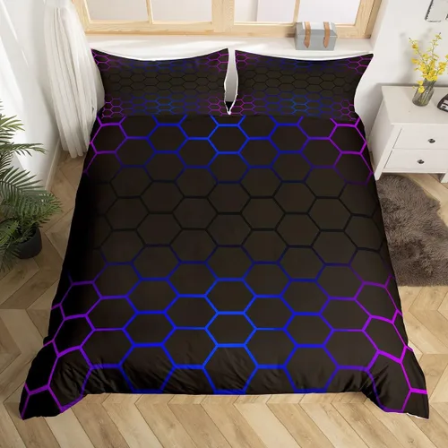 Miniatura 28 de Funda de edredón hexagonal verde estereoscópica de nido de abeja para niños, diseño geométrico de colmena, funda de edredón geométrica de panal