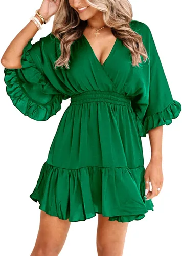 Aoysky Vestidos casuales con cuello en V para mujer, de verano, holgado, cintura alta, volantes, plisado, lindo vestido corto