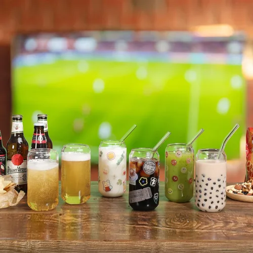 Miniatura 4 de NETANY Juego de 8 piezas: vasos para beber con popote de vidrio, vasos de vidrio de 16 onzas, vasos de cerveza, vasos de café helado, lindo vaso