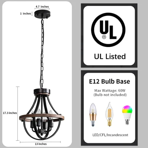 Miniatura 5 de Lámpara de Araña Estilo Granja, Lámpara Colgante Moderna, Luminaria de Techo Rústica de 4 Luces, Lámpara de Araña Vintage para Pasillo Vestíbulo