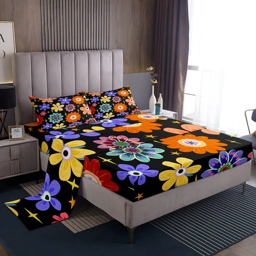 Miniatura 32 de Bonito juego de sábanas de flores para niñas y mujeres, sábanas coloridas de dibujos animados de flores funky de tamaño individual, bonito juego