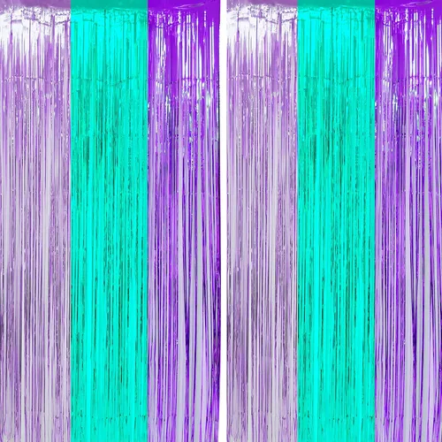 Cortinas de flecos de papel de aluminio de oropel de color verde azulado y morado, bajo el mar, baby shower, cumpleaños, fondos de fotos, boda,