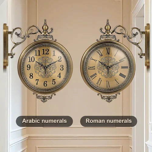 Miniatura 7 de Reloj de pared grande vintage de doble cara con cristal y metal, números romanos y árabes, silencioso sin tictac, funciona con pilas, reloj antiguo