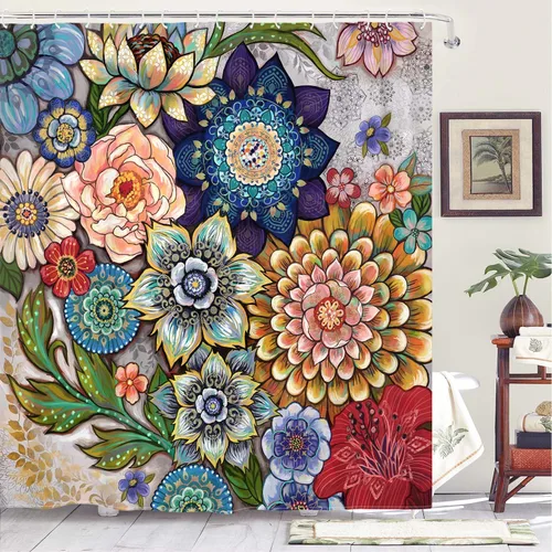 Miniatura 9 de Neasow Cortina de ducha sin gancho con forro a presión, cortinas de tela floral bohemia con forro interior impermeable con imanes ponderados