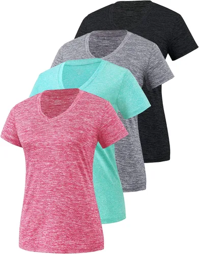 Xelky Paquete de 3-4 camisetas de ajuste seco para mujer, de manga corta, absorben la humedad, deportivas, con cuello en V, para entrenamiento