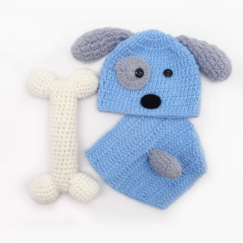 Miniatura 6 de Traje de bebé recién nacido, accesorios para fotos, trajes de ganchillo de punto azul con gorro de perro, pantalones cortos con hueso para niños