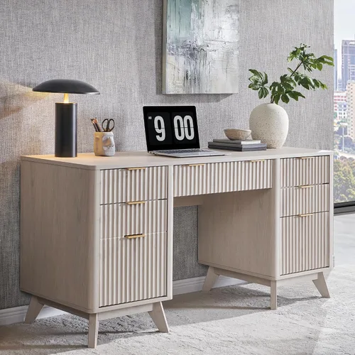 Miniatura 8 de T4TREAM Fluted Executive Desk with Drawers, 60" Modern Home Office Computer Desk with Charging Station, File Cabinet, Keyboard Tray and Storage