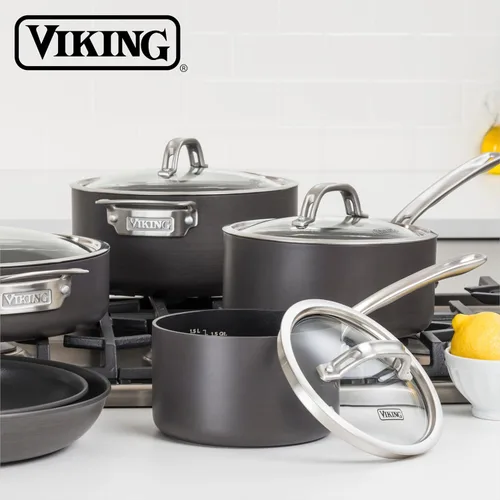 Miniatura 6 de Viking Sartén antiadherente con tapa de vidrio, cacerola antiadherente anodizada dura de 1 cuarto de galón, apta para lavavajillas y horno, lista