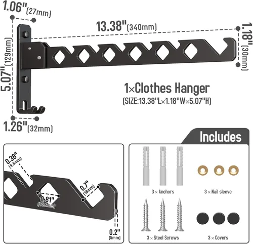Miniatura 8 de Tendedero de Pared para Secar Ropa, Colgador de Ropa de Pared Plegable, Gancho Colgador de Lavandería para Baño, Perchero de Pared Interior, Negro