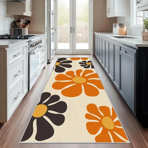 Miniatura 10 de Alfombra de pasillo de 2 x 4 pulgadas, tamaño pequeño, diseño floral retro de los años 70, antideslizante, lavable, alfombra de decoración del hogar