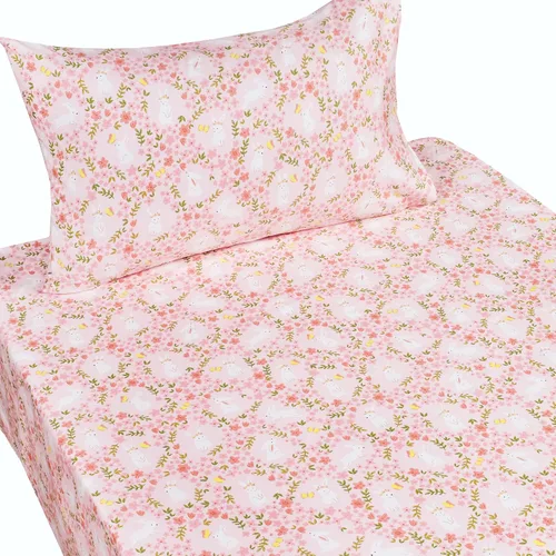 Miniatura 2 de Scientific Sleep Juego de sábanas rosa con flores y conejos de 100% algodón, 3 piezas para cama individual, juego de ropa de cama para niños, bebés
