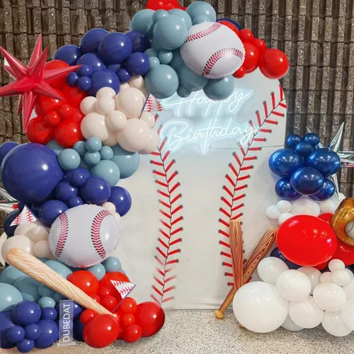 Miniatura 4 de Kit de arco de guirnalda de globos de béisbol, 141 unidades, rojo, blanco, azul profundo, azul crepúsculo con globos de estrella de bate de béisbol