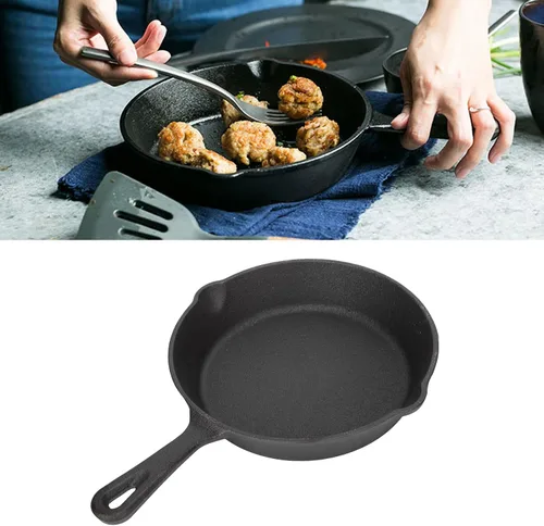 Miniatura 3 de Sartén de hierro fundido, sartén redonda negra, sartén de cocción uniforme con doble salida, sartén de cocción fácil presazonada para parrilla, 10CM
