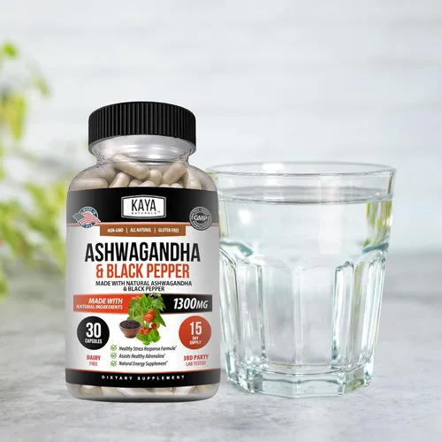 Miniatura 7 de Kaya Naturals Raíz de Ashwagandha con pimienta negra Suplemento adaptógeno de máxima fuerza de 1300 mg, ayuda a la salud suprarrenal, glandular