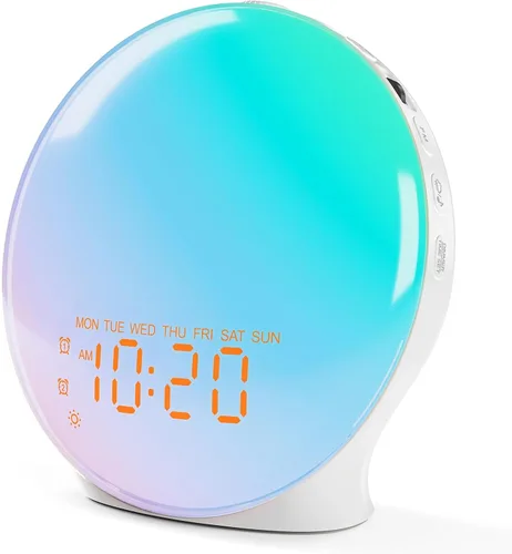 Reloj Despertador de Luz de Amanecer para Dormitorio, 17 Luces Nocturnas, Máquina de Sonido con Altavoz Bluetooth de 5W, 25 Sonidos Relajantes,