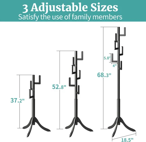 Miniatura 5 de Perchero negro independiente, árbol de bambú de cactus, soporte de madera de altura ajustable con 6 ganchos, perchero para niños, utilizado