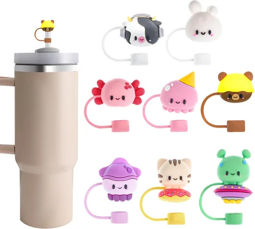 Miniatura 7 de 8 piezas de cubiertas de pajita con forma de animales, tapa de silicona para popote para vaso Stanley de 30 y 40 oz, lindas tapas de pajita