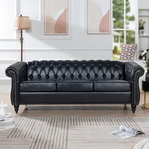 Miniatura 8 de Sofá Chesterfield moderno de 83.5 pulgadas, sofá de 3 plazas con brazo enrollado, tapizado de cabeza de clavo, sofás de piel sintética para sala