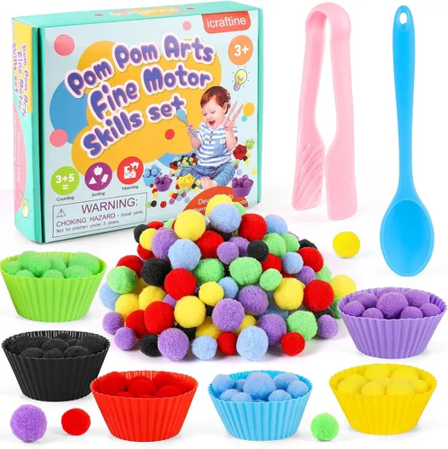 Miniatura 8 de 114 piezas de relleno para contenedor sensorial de habilidades motoras finas, incluye 10 tazones de clasificación, 100 pompones, 2 pinzas, 2