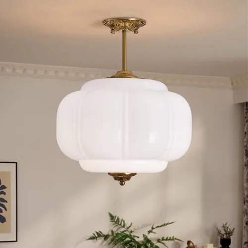 Miniatura 9 de Lámpara de techo de cristal de leche verde, lámpara colgante de calabaza vintage de 15 pulgadas con accesorio de latón antiguo, lámpara colgante