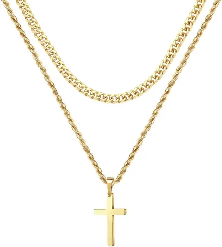 Ursteel Layered Cross Necklace for Men, 18K Gold Silver Black Stainless Steel Mens Cross Necklaces Cross Chain Layered Rope Chain Cross Necklace for