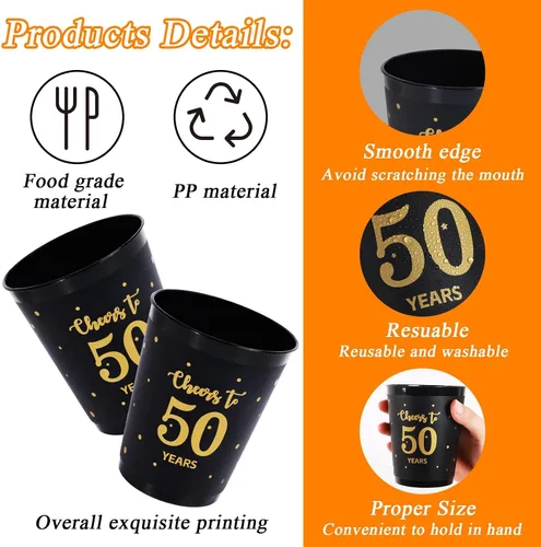 Miniatura 3 de 24 vasos de plástico reutilizables para cumpleaños de 50 años, regalos para fiestas de cumpleaños de 50 años, regalos de fiesta negros y dorados, 12